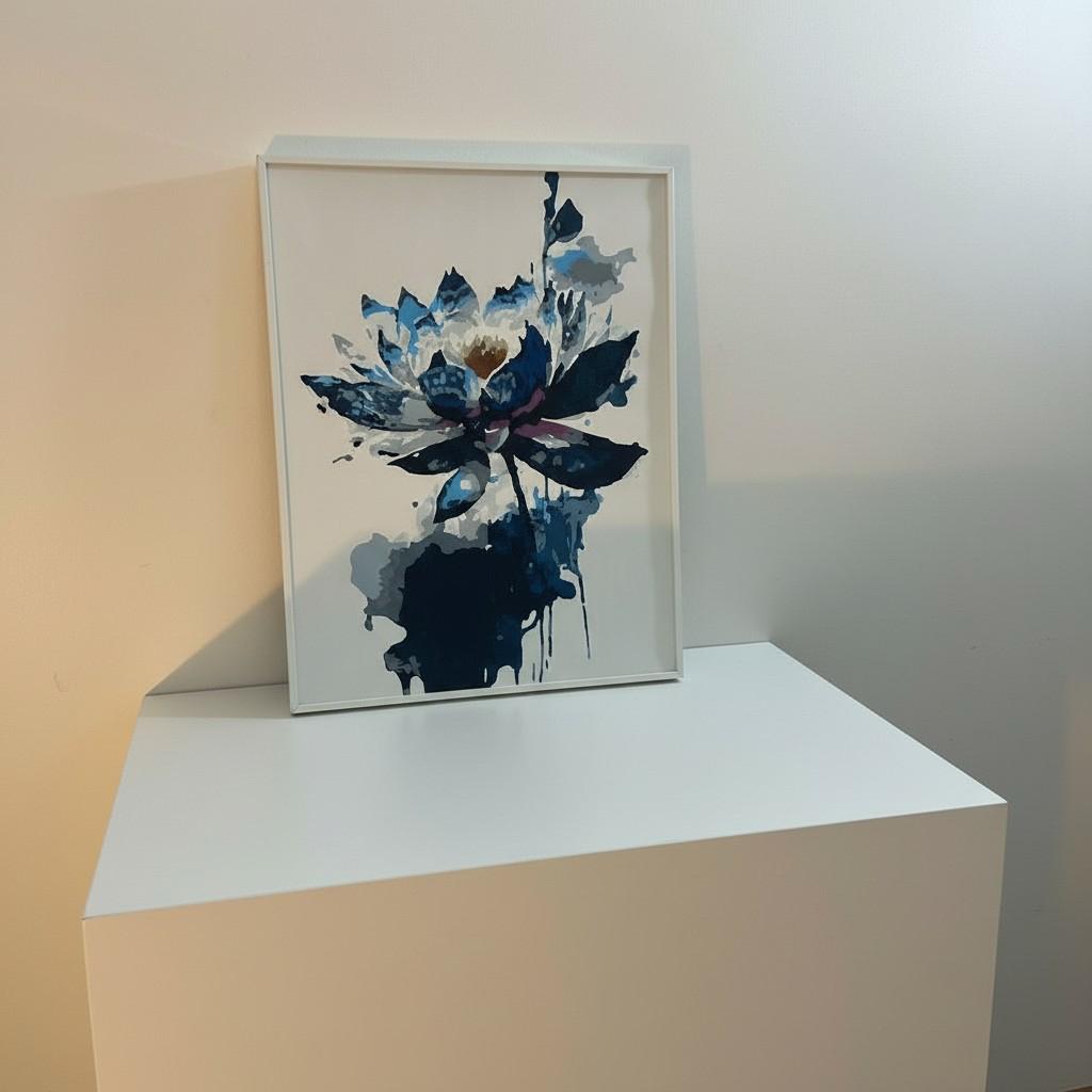 Midnight Lotus Framed Wall Art – Modern Abstract Floral Painting | Minimal Luxury Decor | Blue Neutral Aesthetic | 40x50 cm