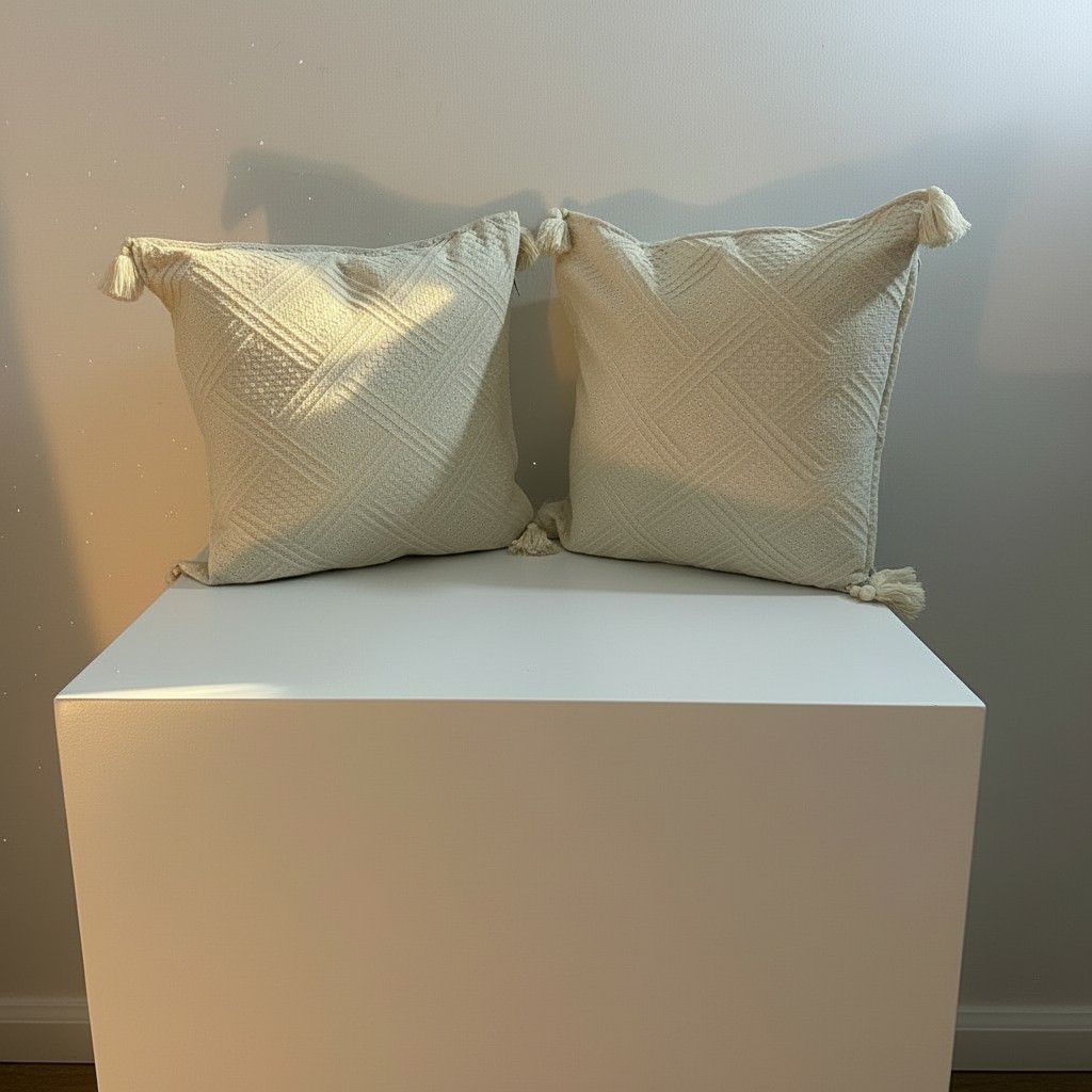 Set of 2 Cream Tassel Cushion Covers – Textured Boho Decorative Pillow Covers – Luxury Neutral Sofa Cushions