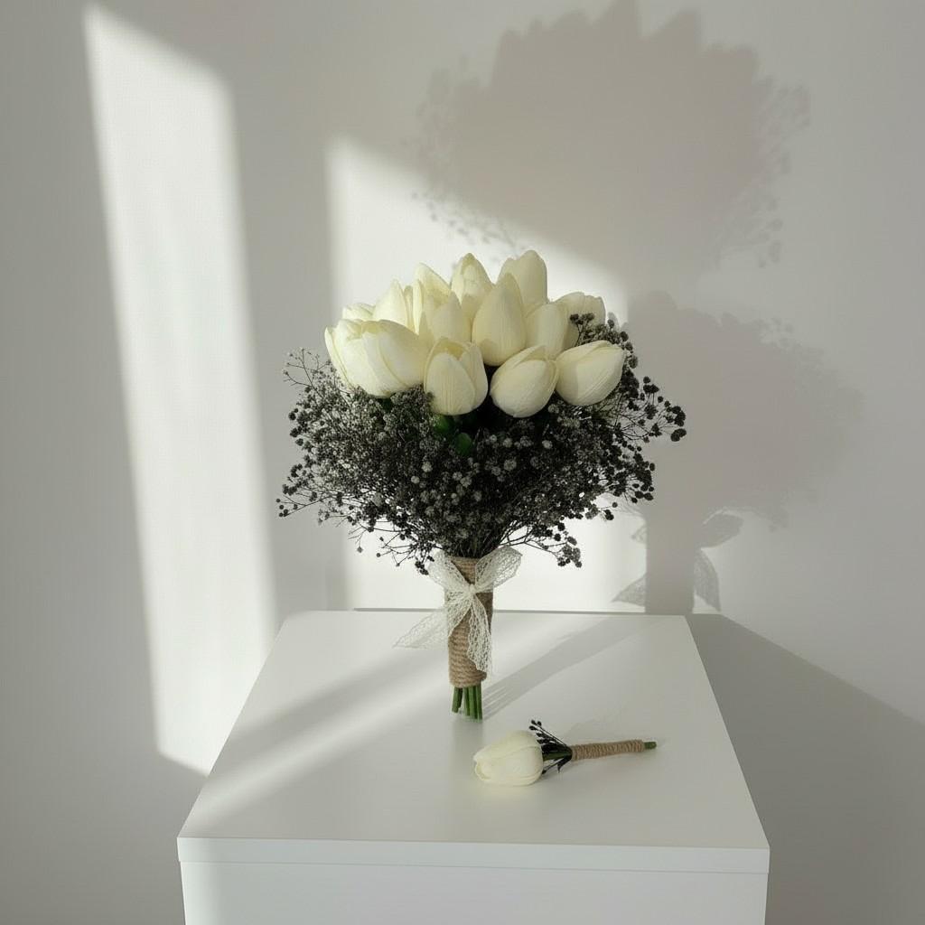Rustic Midnight Tulip Bridal Bouquet — Ivory &amp; Shadow Calm Luxury Wedding Flowers