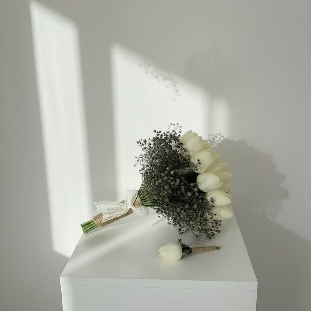 Rustic Midnight Tulip Bridal Bouquet — Ivory &amp; Shadow Calm Luxury Wedding Flowers
