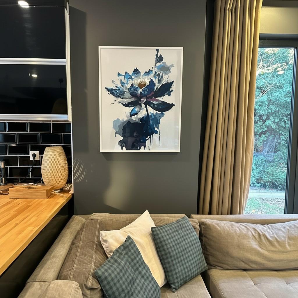 Midnight Lotus Framed Wall Art – Modern Abstract Floral Painting | Minimal Luxury Decor | Blue Neutral Aesthetic | 40x50 cm