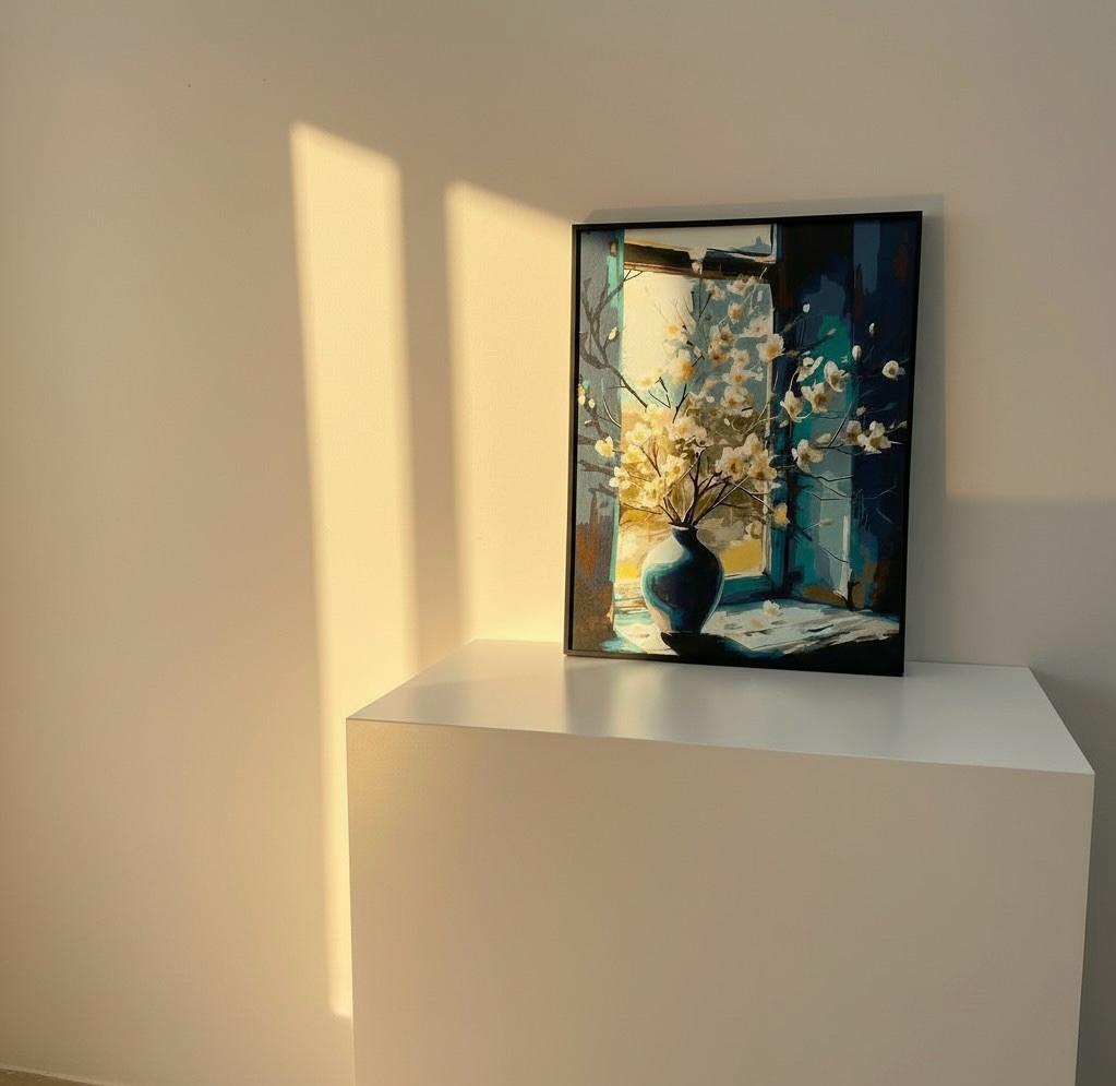 Golden Window Vase Framed Wall Art – Artistic Interior Scene Painting | Warm Light Decor | Luxury Modern Home Aesthetic | 40x50 cm
