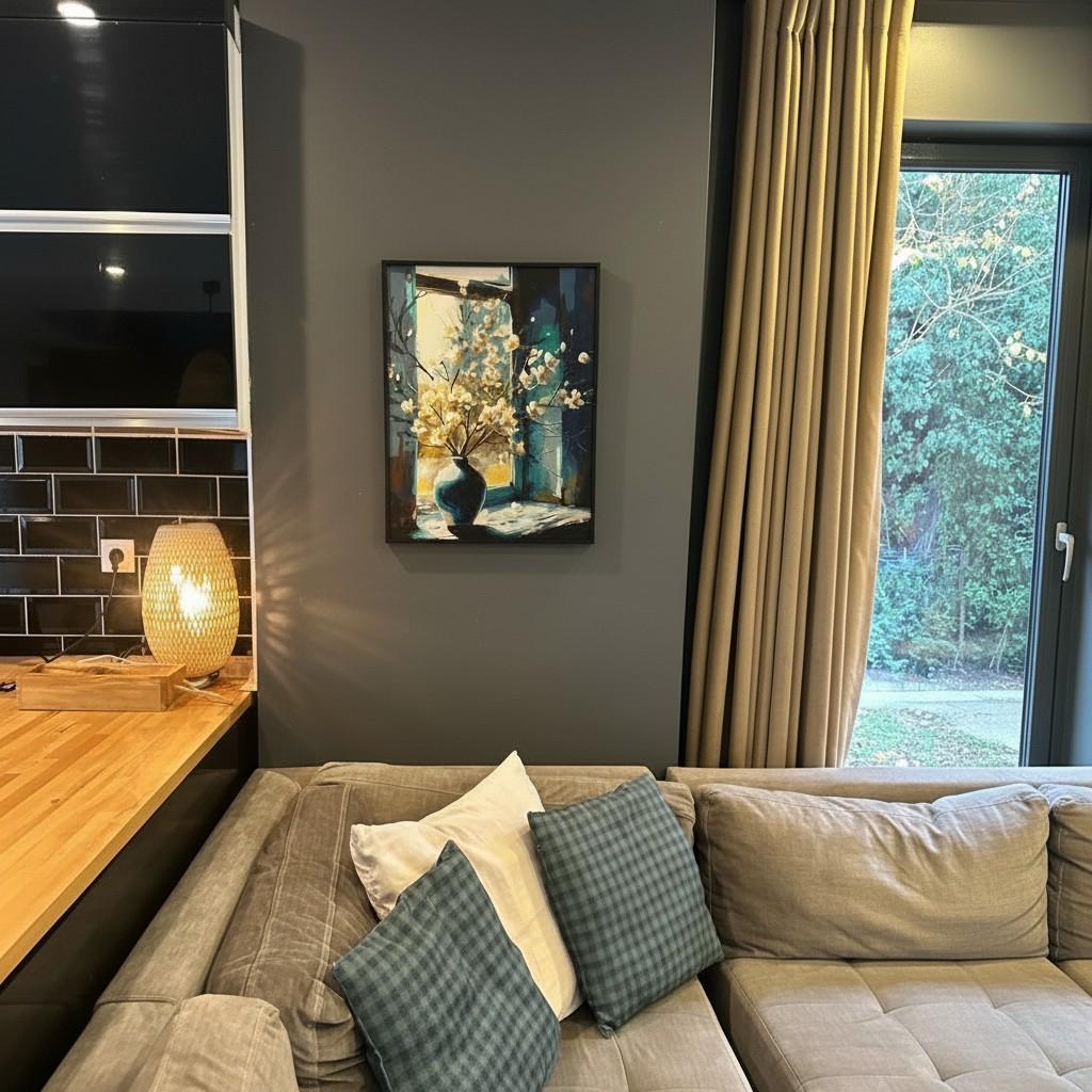 Golden Window Vase Framed Wall Art – Artistic Interior Scene Painting | Warm Light Decor | Luxury Modern Home Aesthetic | 40x50 cm