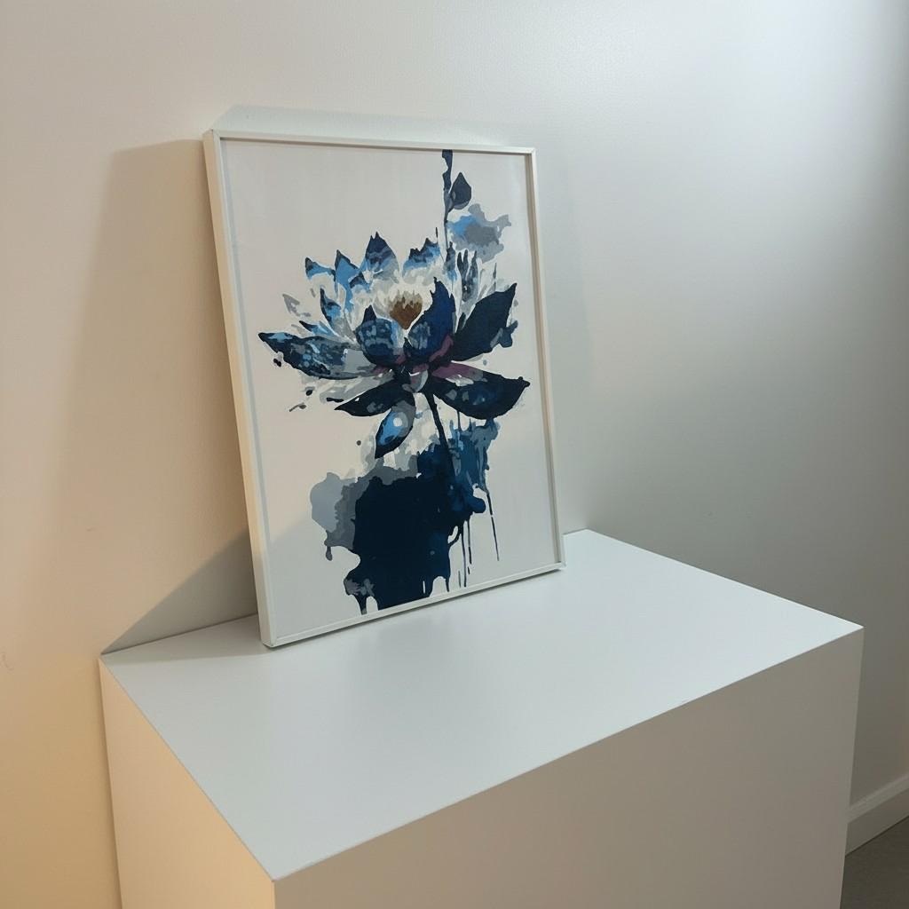 Midnight Lotus Framed Wall Art – Modern Abstract Floral Painting | Minimal Luxury Decor | Blue Neutral Aesthetic | 40x50 cm