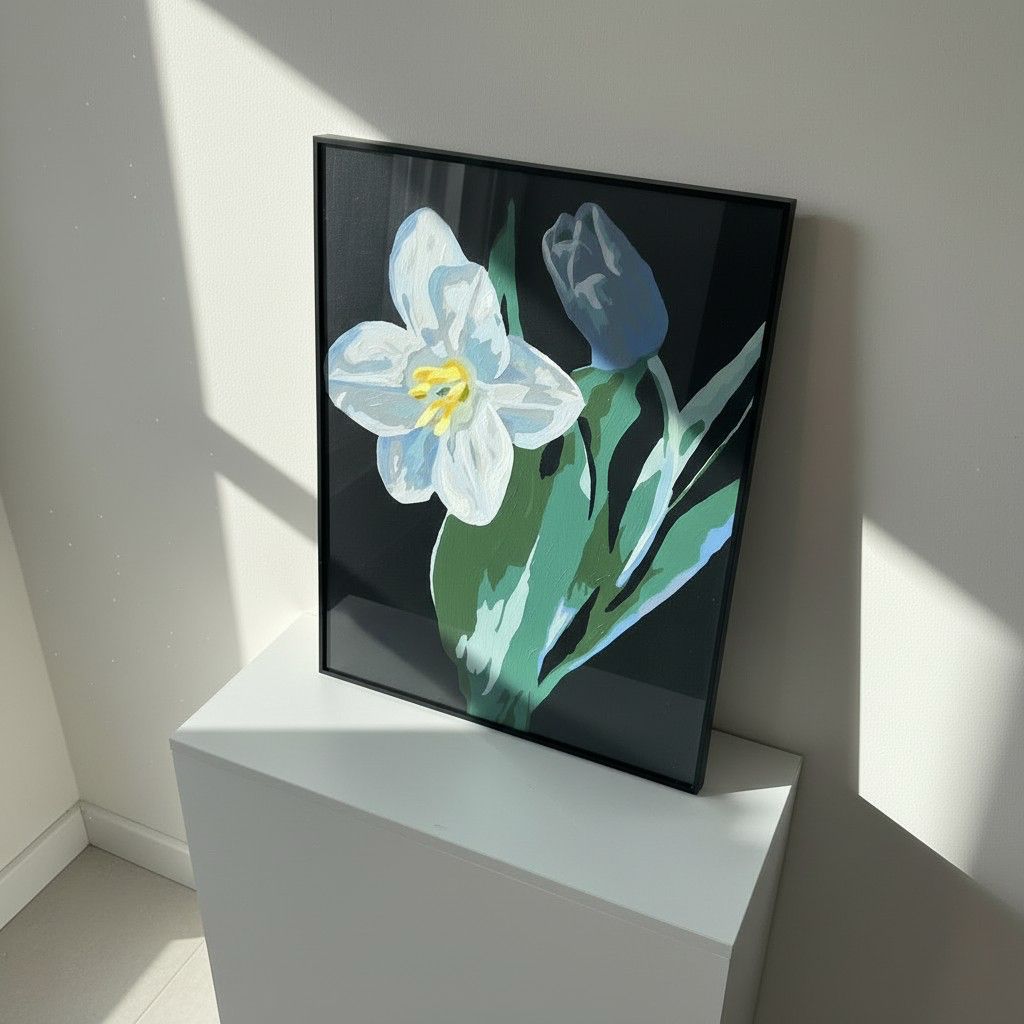 Midnight Lily Framed Wall Art – Modern Floral Painting | Black Background Luxury Decor | Elegant Minimal Interior | 50x65 cm