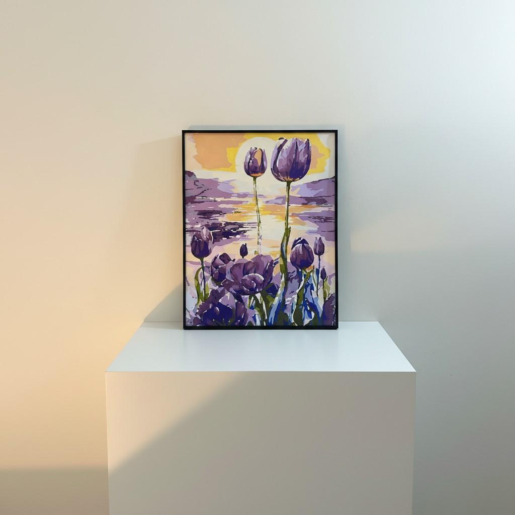 Sunset Tulip Framed Wall Art – Purple Floral Landscape | Golden Light Aesthetic | Calm Luxury Decor | 40x50 cm