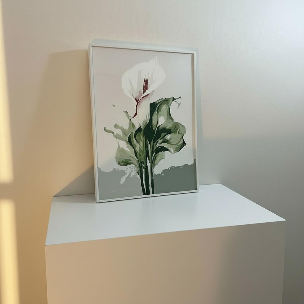 White Calla Lily Framed Wall Art – Minimal Botanical Painting | Elegant Neutral Decor | Calm Luxury Interior | 40x50 cm