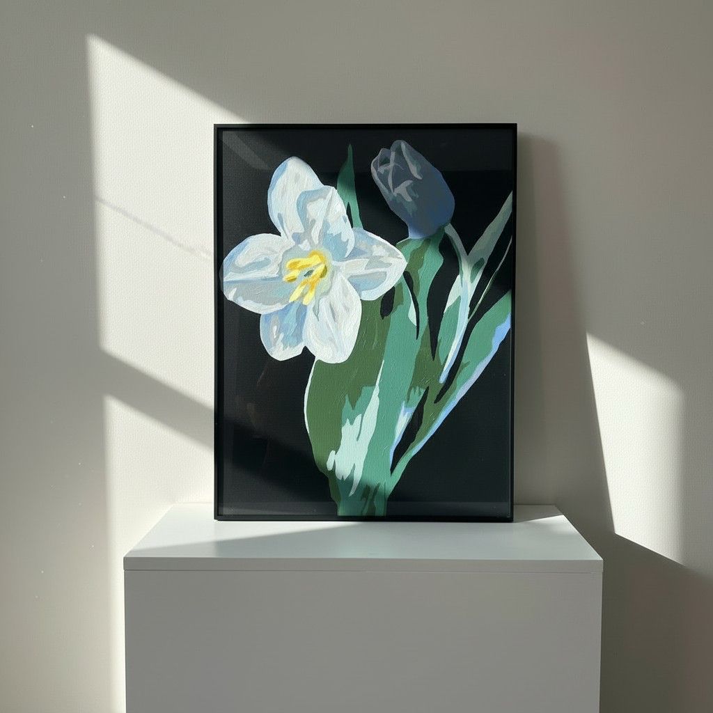 Midnight Lily Framed Wall Art – Modern Floral Painting | Black Background Luxury Decor | Elegant Minimal Interior | 50x65 cm