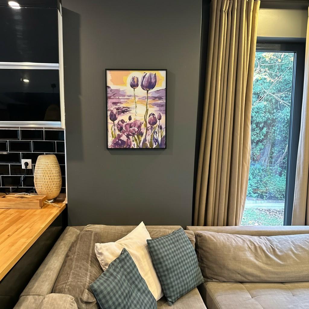 Sunset Tulip Framed Wall Art – Purple Floral Landscape | Golden Light Aesthetic | Calm Luxury Decor | 40x50 cm