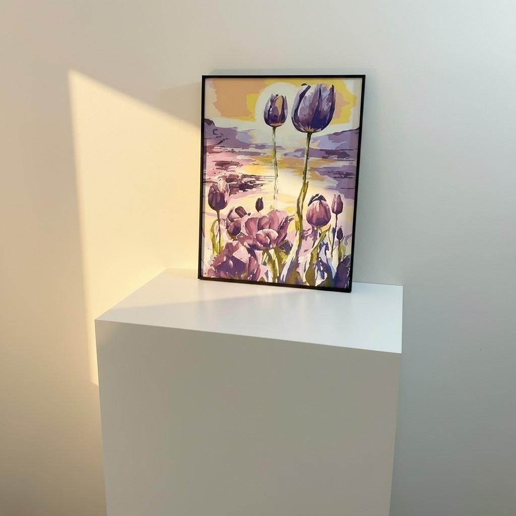Sunset Tulip Framed Wall Art – Purple Floral Landscape | Golden Light Aesthetic | Calm Luxury Decor | 40x50 cm