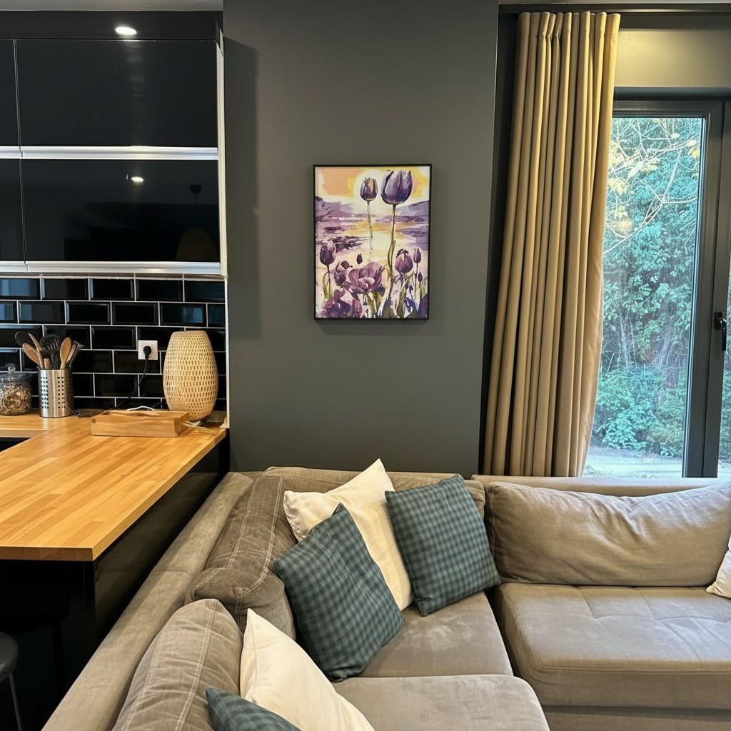 Sunset Tulip Framed Wall Art – Purple Floral Landscape | Golden Light Aesthetic | Calm Luxury Decor | 40x50 cm