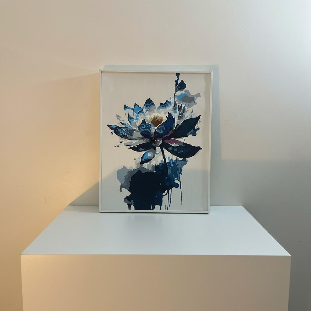 Midnight Lotus Framed Wall Art – Modern Abstract Floral Painting | Minimal Luxury Decor | Blue Neutral Aesthetic | 40x50 cm